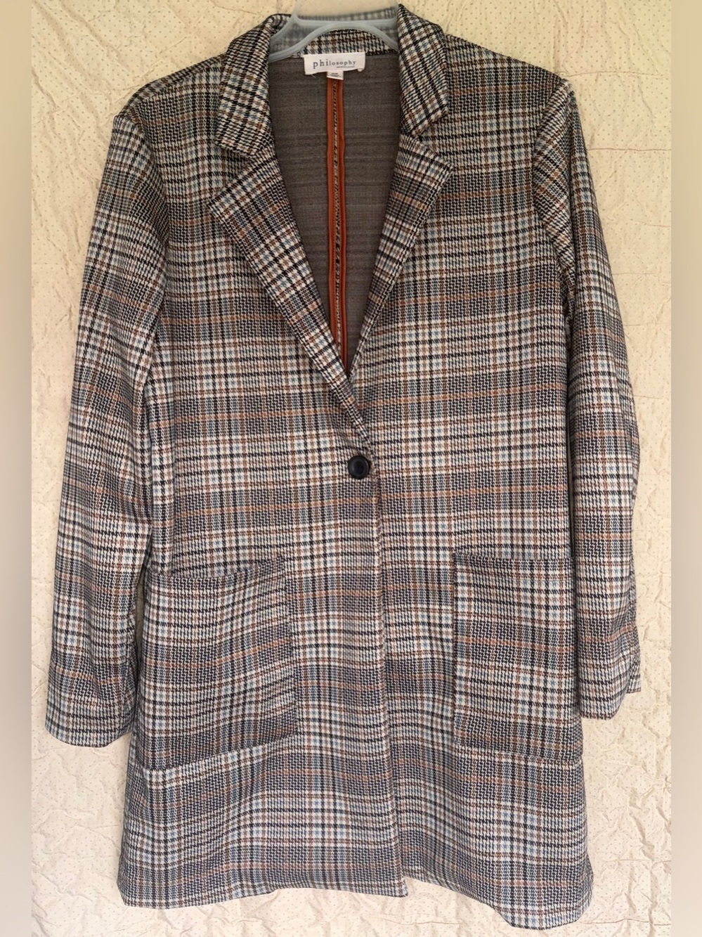 Philosophy Women’s Sz Medium Cardigan Trench Jacket Plaid Multi Color Brown/Tan